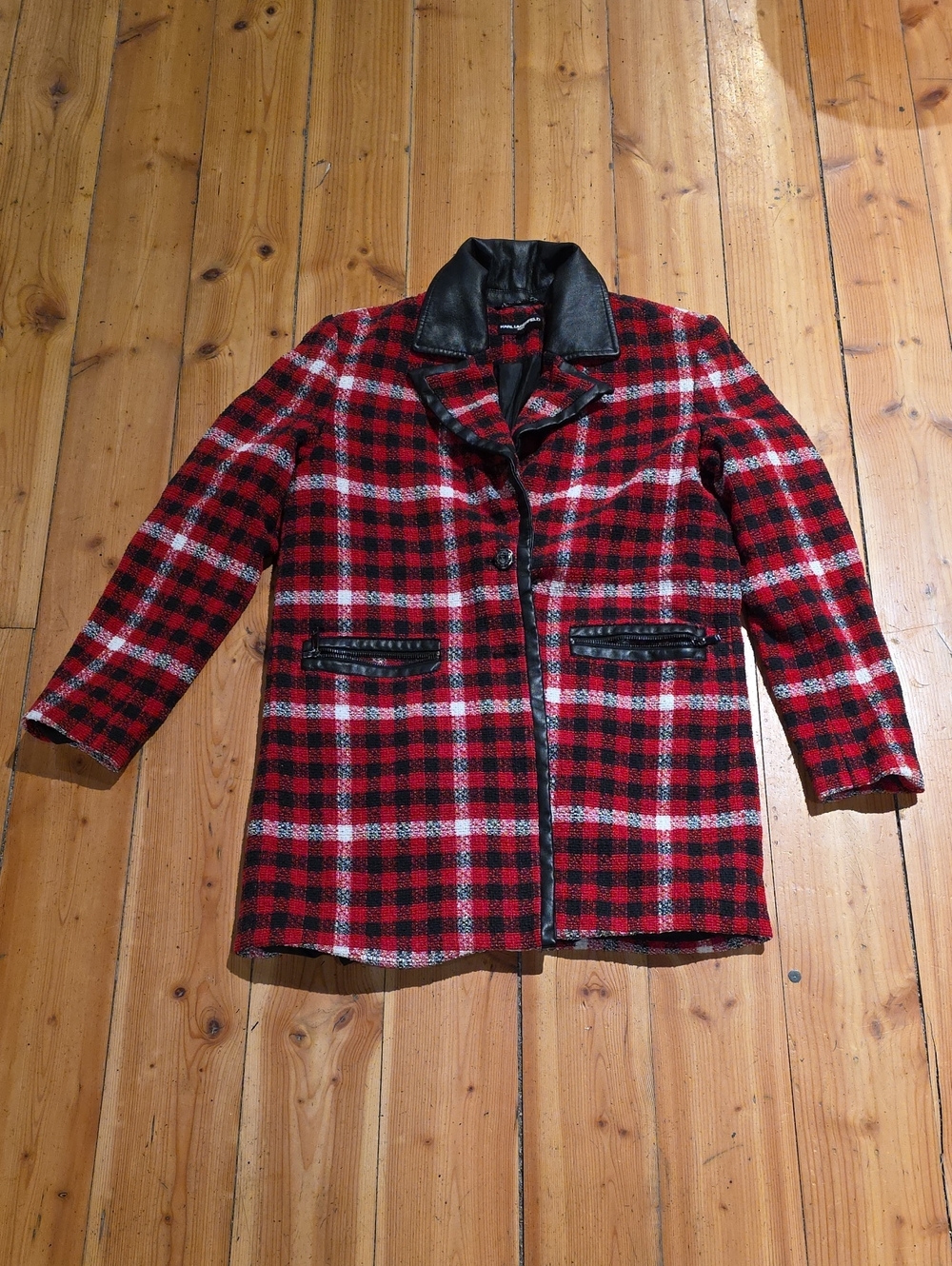 Karl Lagerfeld Red Plaid Jacket with Black Leather Trim